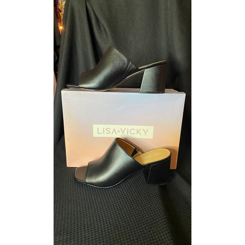 Lisa Vicky Black Leather Block Heel Mules Square Toe Open Toe Sandals Womens 10M